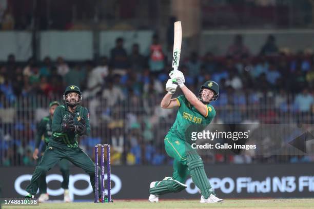 David Miller of South Africa plays a shot during the ICC Men's Cricket World Cup 2023 match between South Africa and Pakistan at MA Chidambaram...
