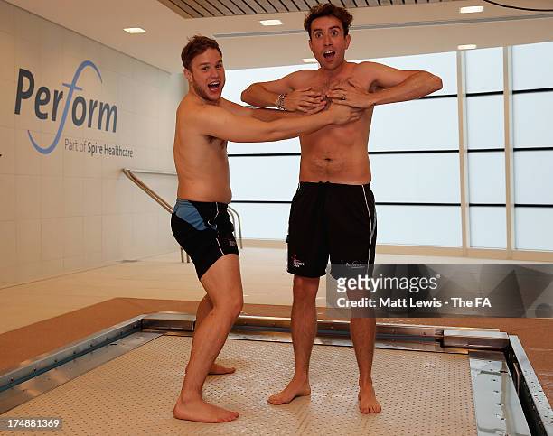 Olly Murs and Nick Grimshaw take a dip in a pool before taking part in a five-a-side football match between Team Grimshaw, captained by BBC Radio 1...