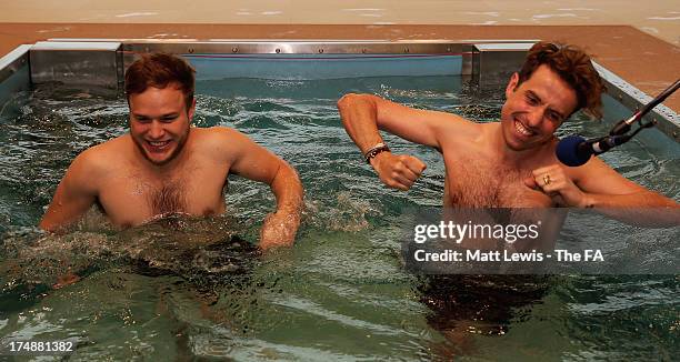 Olly Murs and Nick Grimshaw take a dip in a pool before taking part in a five-a-side football match between Team Grimshaw, captained by BBC Radio 1...