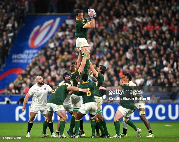 Franco Mostert of South Africa wins the ball in a lineout during the Rugby World Cup France 2023 match between England and South Africa at Stade de...