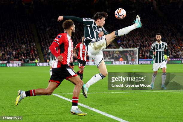 Victor Lindeloef of Manchester United clears the ball during the Premier League match between Sheffield United and Manchester United at Bramall Lane...