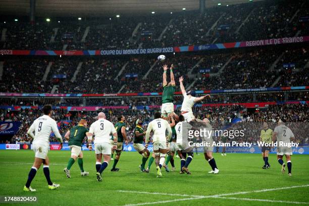 Duane Vermeulen of South Africa and George Martin of England contest the line out during the Rugby World Cup France 2023 match between England and...