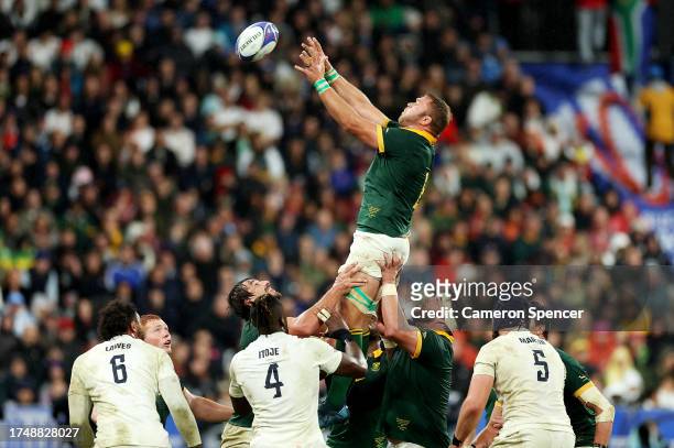 Duane Vermeulen of South Africa wins the lineo during the Rugby World Cup France 2023 match between England and South Africa at Stade de France on...