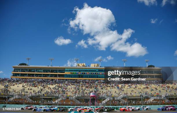 Cole Custer, driver of the Haas Automation Ford, leads the field to start the NASCAR Xfinity Series Contender Boats 300 at Homestead-Miami Speedway...