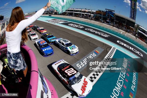Cole Custer, driver of the Haas Automation Ford, leads the field to the green flag to start the NASCAR Xfinity Series Contender Boats 300 at...