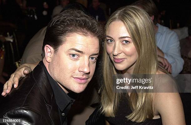 Brendan Fraser and Afton Smith during 2001 MTV Movie Awards - Backstage in Los Angeles, California, United States.