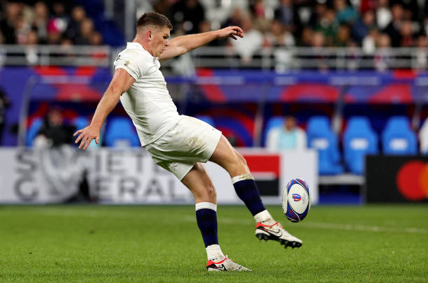 Owen Farrell of England kicks their side's fourth penalty during the Rugby World Cup France 2023 match between England and South Africa at Stade de...