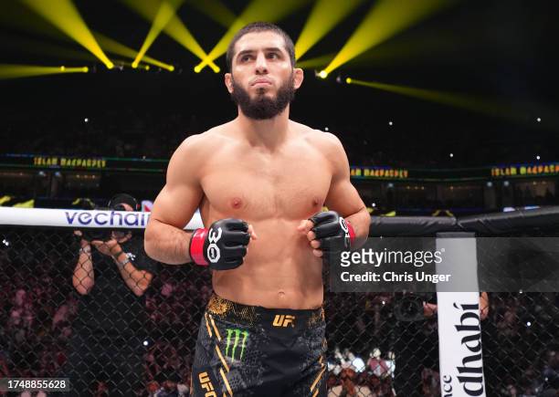 Islam Makhachev of Russia prepares to face Alexander Volkanovski of Australia in the UFC lightweight championship fight during the UFC 294 event at...