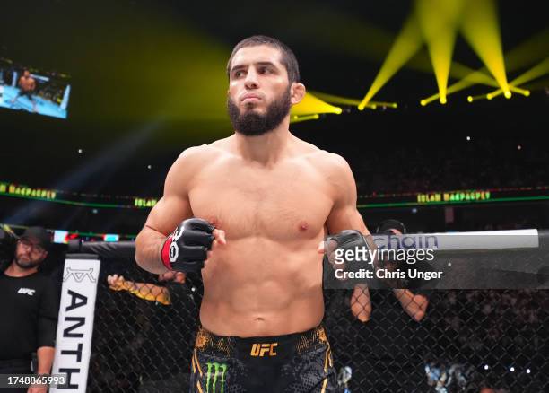 Islam Makhachev of Russia prepares to face Alexander Volkanovski of Australia in the UFC lightweight championship fight during the UFC 294 event at...