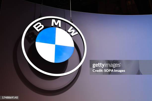 German car maker BMW company logo above their exhibition area at the Japan Mobility Show 2023 in Tokyo Big Sight. The Japan Mobility Show 2023 is the...