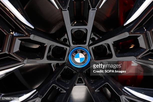 Logo on a wheel of BMW i5 exhibition vehicle at the Japan Mobility Show 2023 in Tokyo Big Sight. The Japan Mobility Show 2023 is the biggest car...