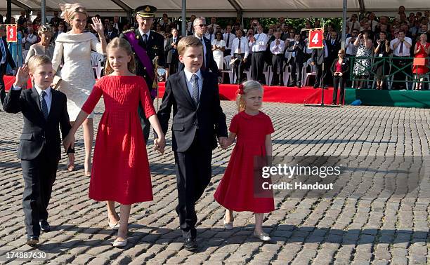 In this handout provided by the Chancellerie du Premier Ministre, Prince Emmanuel, Princess Elisabeth, Prince Gabriel and Princess Eleonore of...