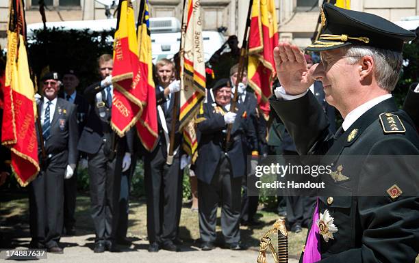 In this handout provided by the Chancellerie du Premier Ministre, King Philippe of Belgium appears during the Military Parade during the Abdication...