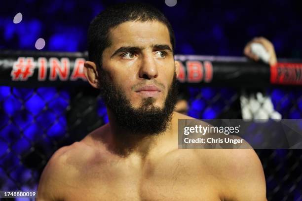 Islam Makhachev of Russia prepares to face Alexander Volkanovski of Australia in the UFC lightweight championship fight during the UFC 294 event at...