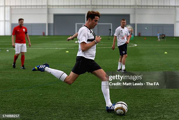 Nick Grimshaw in action during the BBC Radio 1 five-a-side football match between Team Grimshaw, captained by BBC Radio 1 DJ Nick Grimshaw and Team...