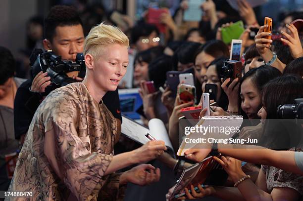 Actress Tilda Swinton attends the 'Snowpiercer' South Korea premiere at Times Square on July 29, 2013 in Seoul, South Korea. The film will open in...