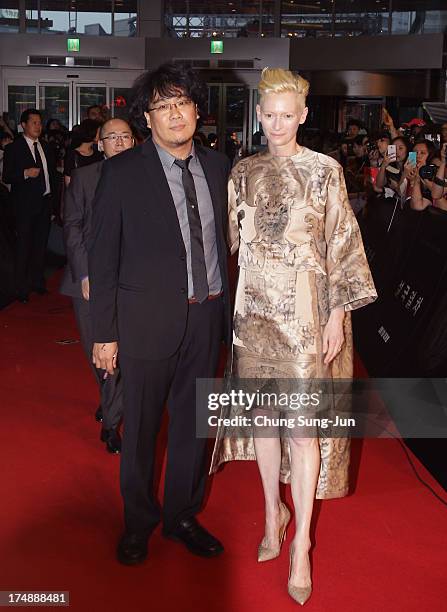 Director Bong Joon-Ho and actress Tilda Swinton attend the 'Snowpiercer' South Korea premiere at Times Square on July 29, 2013 in Seoul, South Korea....
