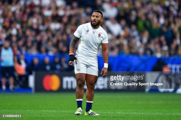 Manu Tuilagi of England looks on during the Rugby World Cup France 2023 match between England and South Africa at Stade de France on October 21, 2023...