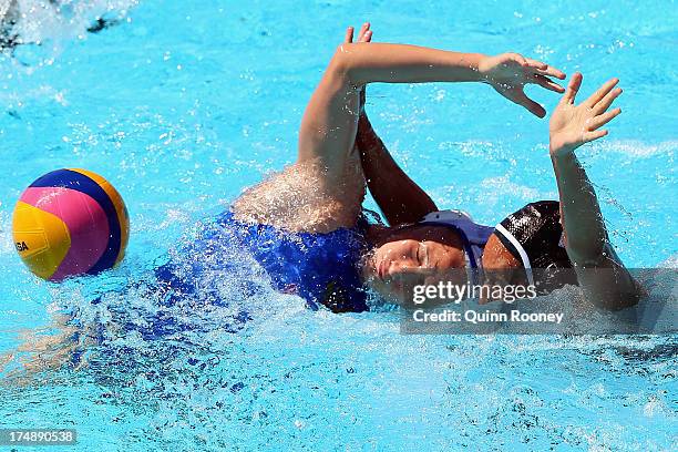 Elvina Karimova of Russia and Marina Radu of Canada compete for the ball during the Women's Water Polo quarterfinal match between Russia and Canada...