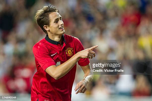 Adnan Januzaj of Manchester United celebrates his goal during the international friendly match between Kitchee FC and Manchester United at Hong Kong...