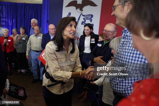 Republican presidential candidate former U.N. Ambassador Nikki Haley greets guests during a campaign event at Central College on October 21, 2023 in...