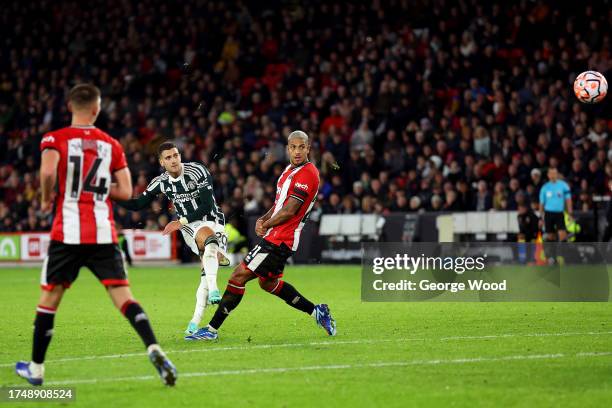 Diogo Dalot of Manchester United scores the team's second goal during the Premier League match between Sheffield United and Manchester United at...