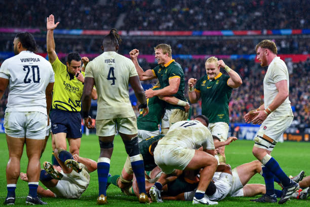 Pieter Steph du Toit of South Africa reacts during the Rugby World Cup France 2023 match between England and South Africa at Stade de France on...