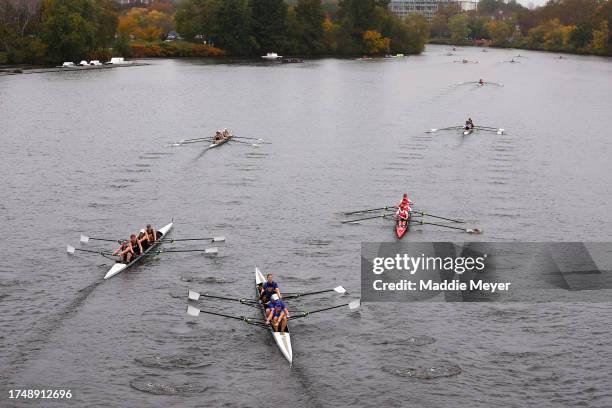 Women's Master Fours boats compete in the Head of the Charles Regatta on October 21, 2023 in Cambridge, Massachusetts.