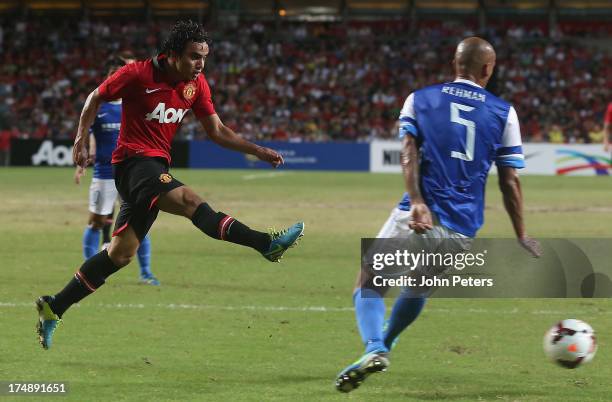 Fabio da Silva of Manchester United scores their third goal during the pre-season friendly match between Kitchee FC and Manchester United as part of...