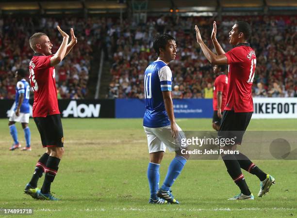 Chris Smalling of Manchester United celebrates scoring their second goal during the pre-season friendly match between Kitchee FC and Manchester...