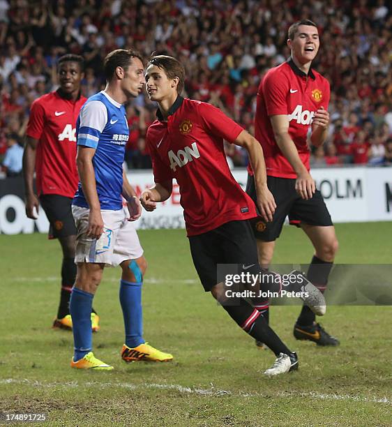 Adnan Januzaj of Manchester United celebrates scoring their fourth goal during the pre-season friendly match between Kitchee FC and Manchester United...