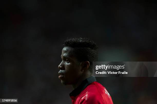 Wilfried Zaha of Manchester United looks on during the international friendly match between Kitchee FC and Manchester United at Hong Kong Stadium on...