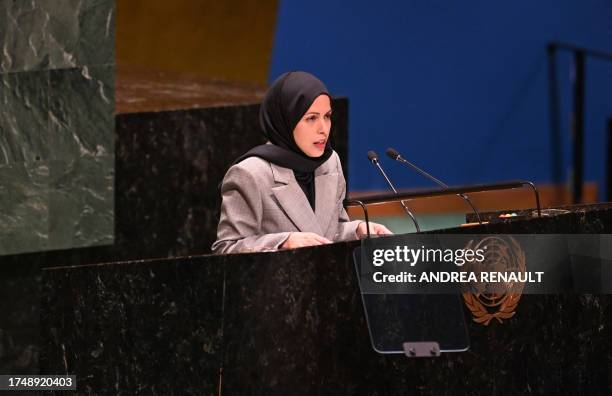 Permanent Representative of the State of Qatar to the United Nations Alya Ahmed Saif Al Thani speaks during the 10th Emergency Special Session 39th...