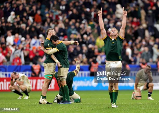 Pieter-Steph Du Toit of South Africa celebrates following the team’s victory during the Rugby World Cup France 2023 match between England and South...