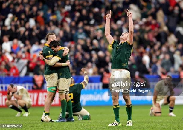 Pieter-Steph Du Toit of South Africa celebrates following the team’s victory during the Rugby World Cup France 2023 match between England and South...