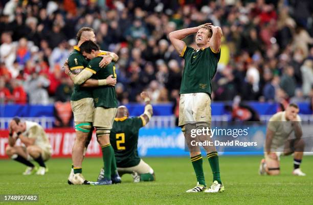 Pieter-Steph Du Toit of South Africa celebrates following the team’s victory during the Rugby World Cup France 2023 match between England and South...