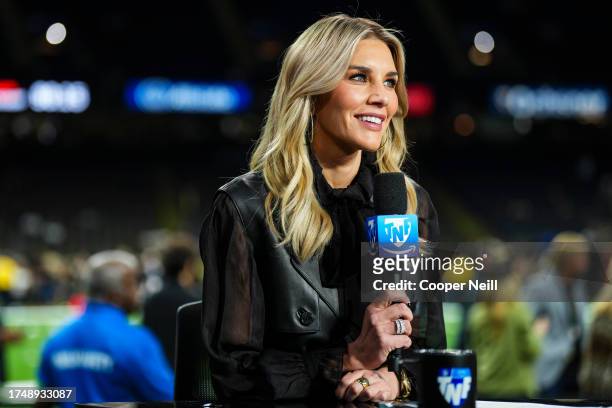 Charissa Thompson on set of the Amazon Prime TNF pregameshow prior to an NFL football game between the Jacksonville Jaguars and the New Orleans...