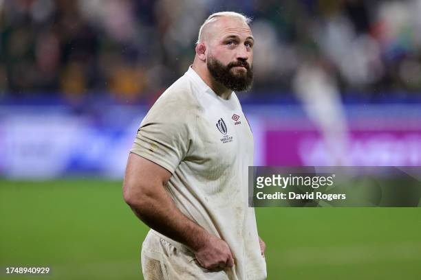 Joe Marler of England looks dejected following the team's defeat during the Rugby World Cup France 2023 match between England and South Africa at...
