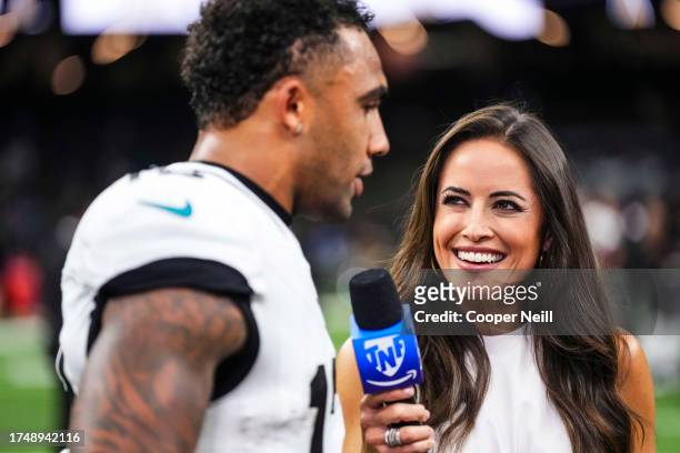 Christian Kirk of the Jacksonville Jaguars is interviewed by Kaylee Hartung after an NFL football game against the New Orleans Saints at Caesars...