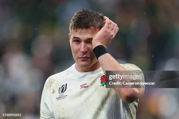 Freddie Steward of England looks dejected following the team's defeat during the Rugby World Cup France 2023 match between England and South Africa...