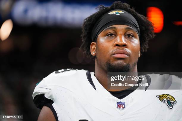 Jeremiah Ledbetter of the Jacksonville Jaguars looks on from the sideline prior to an NFL football game against the New Orleans Saints at Caesars...