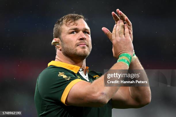 Duane Vermeulen of South Africa applauds the fans following the team's victory during the Rugby World Cup France 2023 match between England and South...