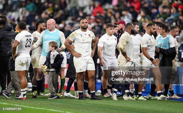 Billy Vunipola of England looks dejected at full-time after their team's defeat in the Rugby World Cup France 2023 match between England and South...