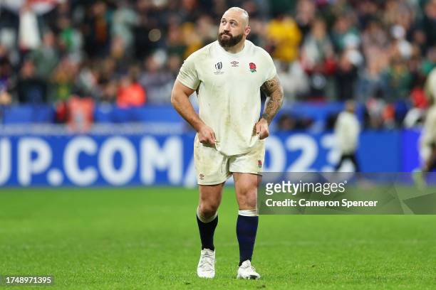Joe Marler of England looks dejected at full-time after their team's defeat in the Rugby World Cup France 2023 match between England and South Africa...