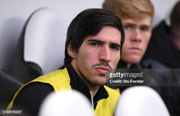 Sandro Tonali of Newcastle looks on from the substitutes bench prior to the Premier League match between Newcastle United and Crystal Palace at St....