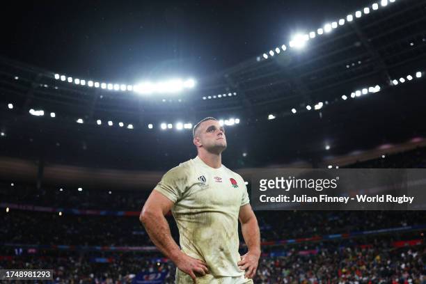 Ben Earl of England looks dejected at full-time after their team's defeat in the Rugby World Cup France 2023 match between England and South Africa...