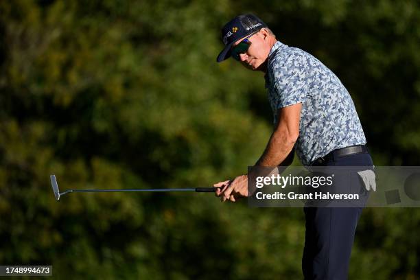 Brian Gay watches his puttt on the 16th hole during the second round of the Dominion Energy Charity Classic at The Country Club of Virginia on...