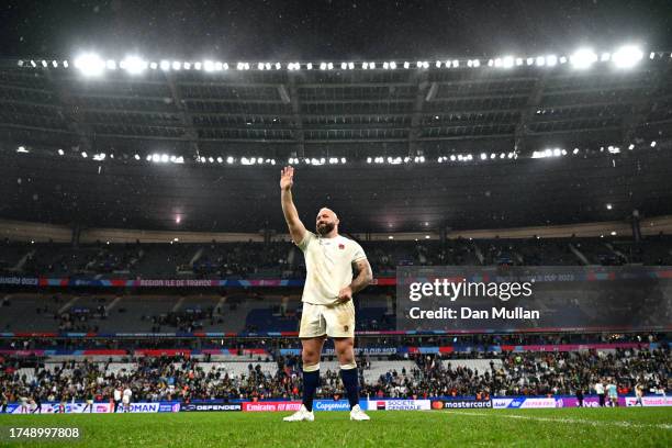 Joe Marler of England shows appreciation to the fans at full-time after their team's defeat in the Rugby World Cup France 2023 match between England...