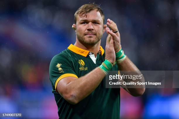 Duane Vermeulen of South Africa celebrates victory at full-time following the Rugby World Cup France 2023 match between England and South Africa at...