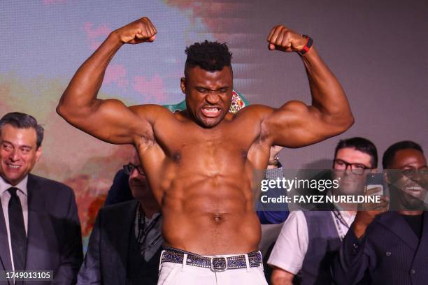 Cameroonian-French Francis Ngannou reacts during weigh-in on the eve of his bout against Britain's Tyson Fury in Riyadh on October 27, 2023.